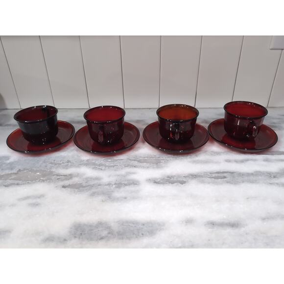 Arcoroc Glass Teacups & Saucers, Ruby Red Set, MCM Tea Set, French Glassware - Picture 2 of 11